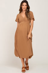 Camel V-Neck Maternity Midi Dress