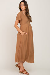 Camel V-Neck Maternity Midi Dress