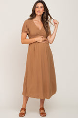 Camel V-Neck Maternity Midi Dress