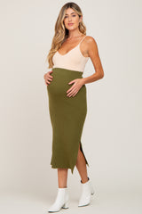 Olive Ribbed Knit Side Slit Maternity Midi Skirt