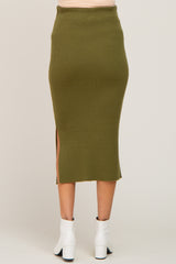 Olive Ribbed Knit Side Slit Maternity Midi Skirt