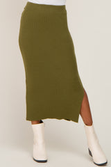 Olive Ribbed Knit Side Slit Midi Skirt