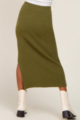 Olive Ribbed Knit Side Slit Midi Skirt