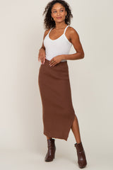 Mocha Ribbed Knit Side Slit Midi Skirt