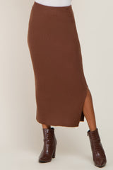 Mocha Ribbed Knit Side Slit Midi Skirt