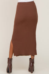 Mocha Ribbed Knit Side Slit Midi Skirt