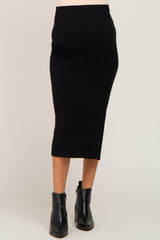 Black Ribbed Knit Side Slit Maternity Midi Skirt