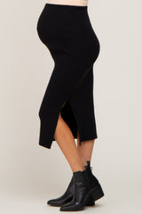 Black Ribbed Knit Side Slit Maternity Midi Skirt