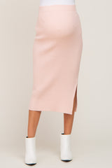 Light Pink Ribbed Knit Side Slit Maternity Midi Skirt