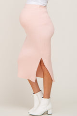 Light Pink Ribbed Knit Side Slit Maternity Midi Skirt