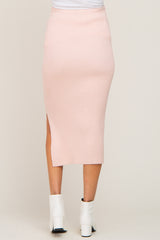 Light Pink Ribbed Knit Side Slit Maternity Midi Skirt