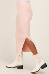 Light Pink Ribbed Knit Side Slit Midi Skirt