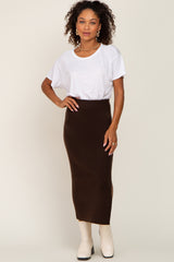 Brown Ribbed Knit Side Slit Midi Skirt