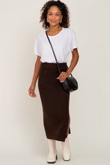 Brown Ribbed Knit Side Slit Midi Skirt