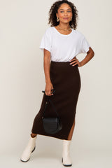 Brown Ribbed Knit Side Slit Maternity Midi Skirt