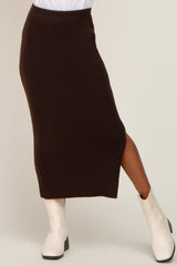 Brown Ribbed Knit Side Slit Midi Skirt