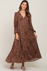 Brown Floral Button Down Tiered Maternity Maxi Dress