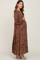 Brown Floral Button Down Tiered Maternity Maxi Dress