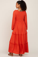 Rust Smocked Tiered Midi Dress