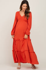 Rust Smocked Tiered Maternity Midi Dress