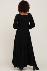 Black Smocked Tiered Midi Dress