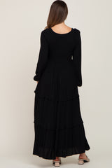 Black Smocked Tiered Maternity Midi Dress