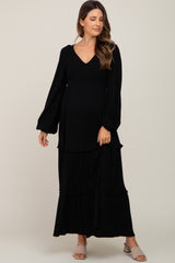 Black Smocked Tiered Maternity Midi Dress