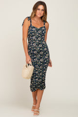 Navy Floral Ruched Shoulder Tie Dress