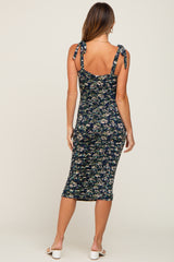 Navy Floral Ruched Shoulder Tie Dress