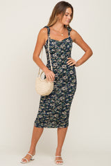 Navy Floral Ruched Shoulder Tie Dress