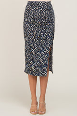 Navy Floral Ruched Cinched Side Slit Skirt