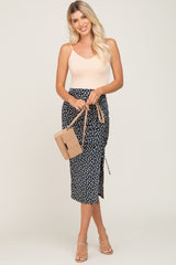 Navy Floral Ruched Cinched Side Slit Skirt