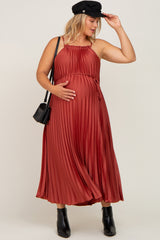 Rust Pleated Sleeveless Waist Tie Maternity Plus Maxi Dress