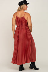 Rust Pleated Sleeveless Waist Tie Maternity Plus Maxi Dress