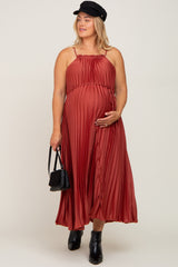 Rust Pleated Sleeveless Waist Tie Maternity Plus Maxi Dress