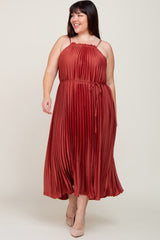 Rust Pleated Sleeveless Waist Tie Maternity Plus Maxi Dress