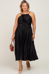 Black Pleated Sleeveless Waist Tie Maternity Plus Maxi Dress