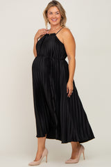 Black Pleated Sleeveless Waist Tie Maternity Plus Maxi Dress