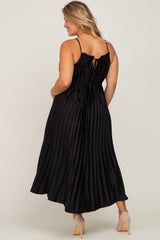 Black Pleated Sleeveless Waist Tie Maternity Plus Maxi Dress