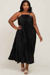 Black Pleated Sleeveless Waist Tie Maternity Plus Maxi Dress