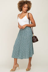 Green Animal Print Pleated Midi Skirt