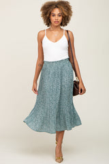 Green Animal Print Pleated Midi Skirt