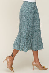 Green Animal Print Pleated Midi Skirt