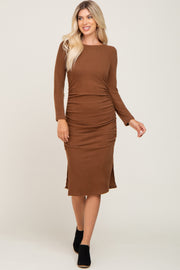 Brown Ribbed Ruched Fitted Midi Dress