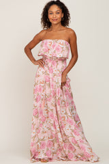 Light Pink Floral Strapless Ruffle Front Maxi Dress