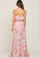 Light Pink Floral Strapless Ruffle Front Maternity Maxi Dress