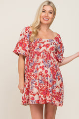 Burgundy Red Floral Puff Sleeve Maternity Mini Dress