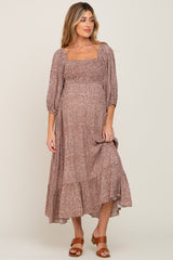 Rust Ditsy Floral Smocked 3/4 Sleeve Maternity Midi Dress