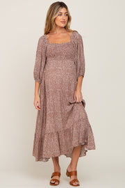 Rust Ditsy Floral Smocked 3/4 Sleeve Maternity Midi Dress