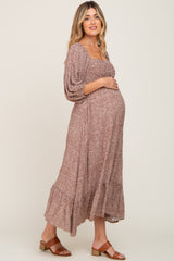 Rust Ditsy Floral Smocked 3/4 Sleeve Maternity Midi Dress